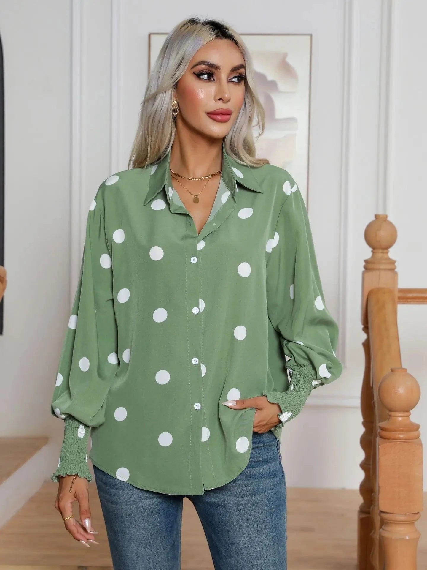 Polka dot Printed Lantern sleeve shirt Women's Long sleeve shirt New European and American  cross-border Women's clothing