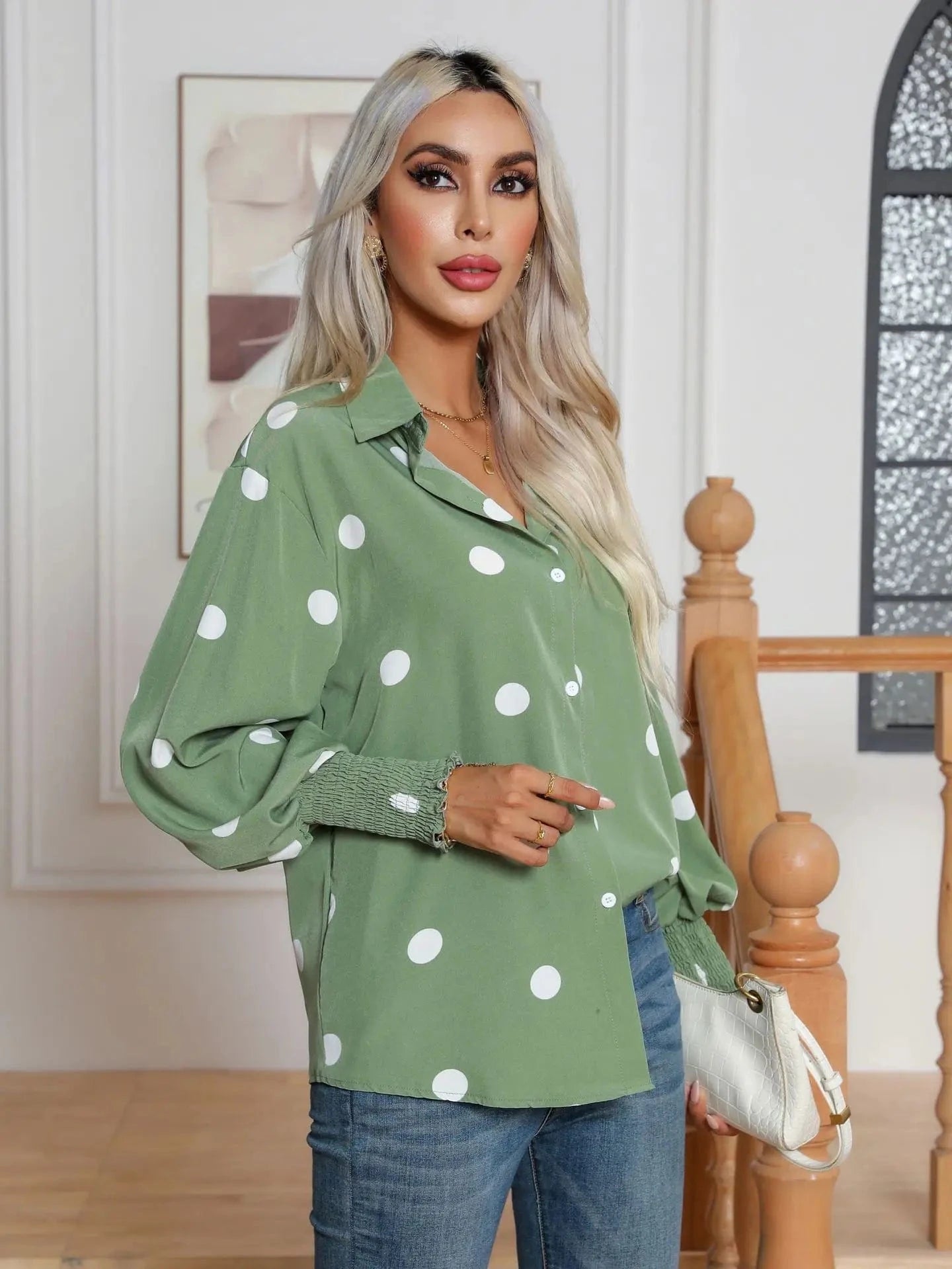 Polka dot Printed Lantern sleeve shirt Women's Long sleeve shirt New European and American  cross-border Women's clothing