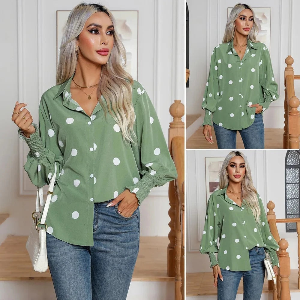 Polka dot Printed Lantern sleeve shirt Women's Long sleeve shirt New European and American  cross-border Women's clothing