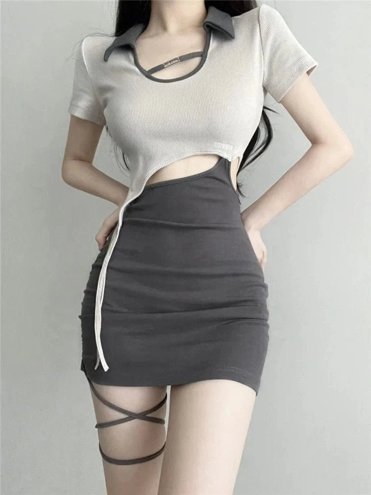 Polo Neck Dress Women Patchwork Sexy Girl Bandage Short Hipster Dress