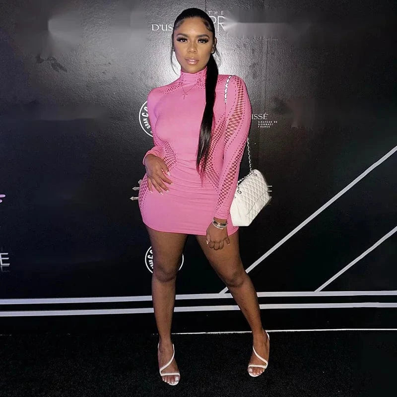 Popular Design Sexy bodycon Solid Long Sleeve Hollow Turtleneck Mini Dresses for Women