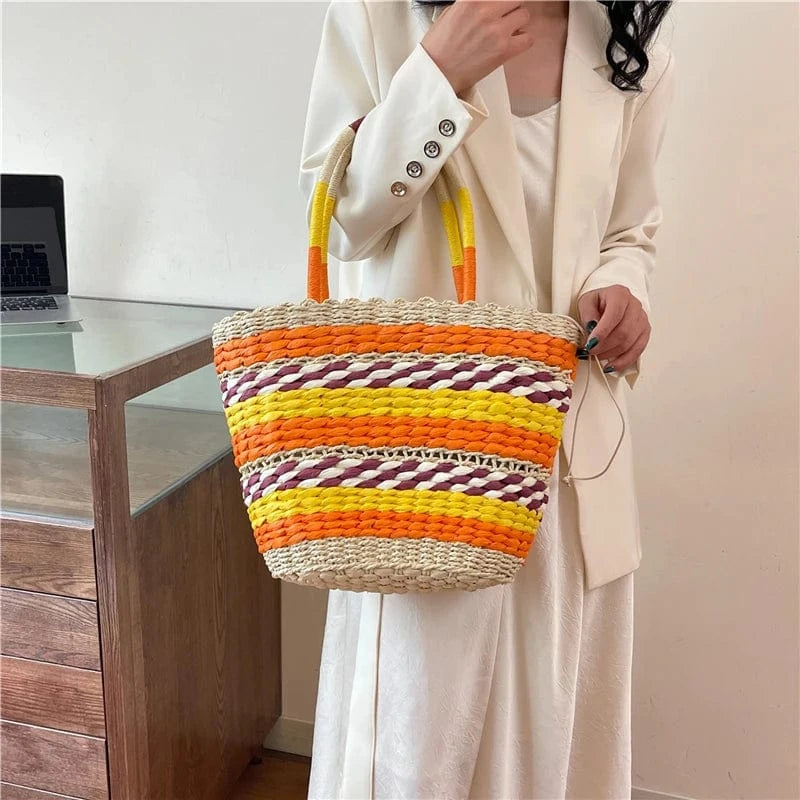 Popular Grass Woven Bag 2024 Handmade Woven Beach Bag Retro Countryside Style Handbag