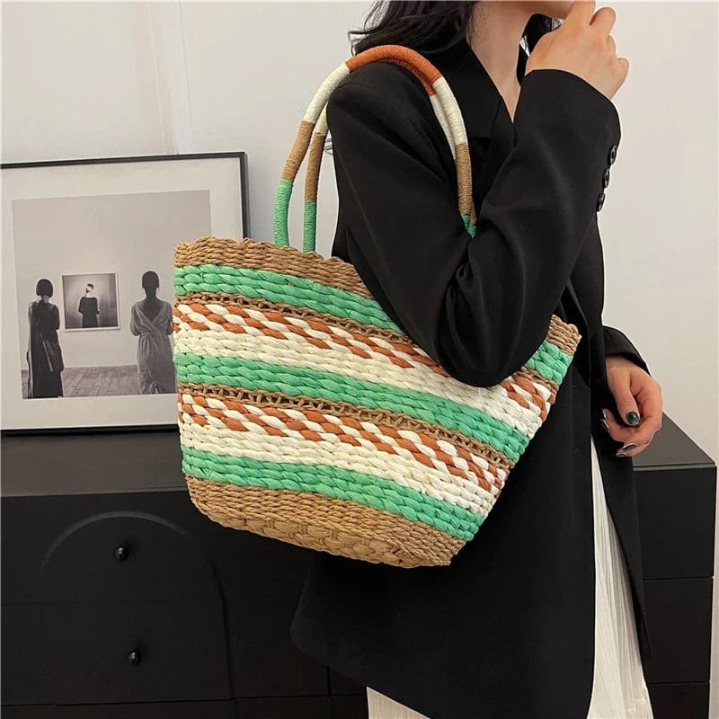 Popular Grass Woven Bag 2024 Handmade Woven Beach Bag Retro Countryside Style Handbag