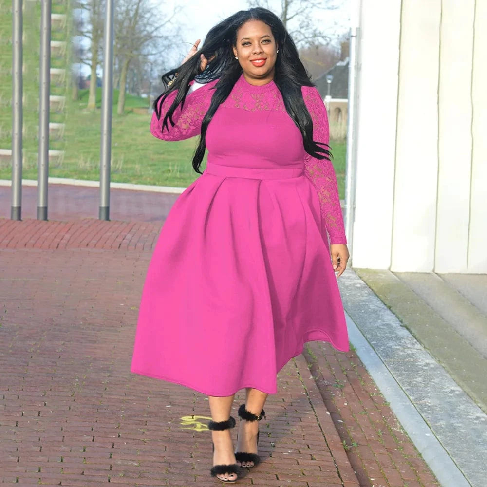 popular products 2024 Spliced lace round neck long sleeve plus size women clothing 2024 elegant dresses