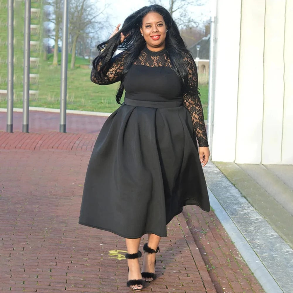 popular products 2024 Spliced lace round neck long sleeve plus size women clothing 2024 elegant dresses
