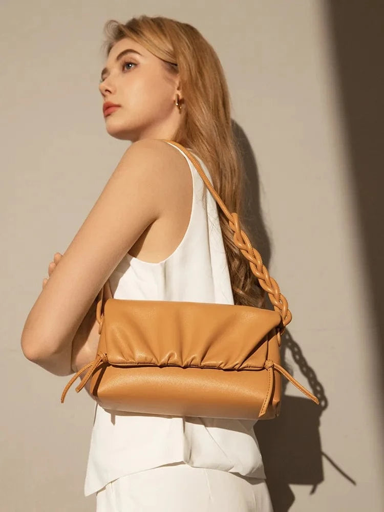 Portable Cowhide Leather Underarm Bag Fashion Drawstring Crossbody Bag Luxury Design Genuine Leather Shoulder Bags for Women