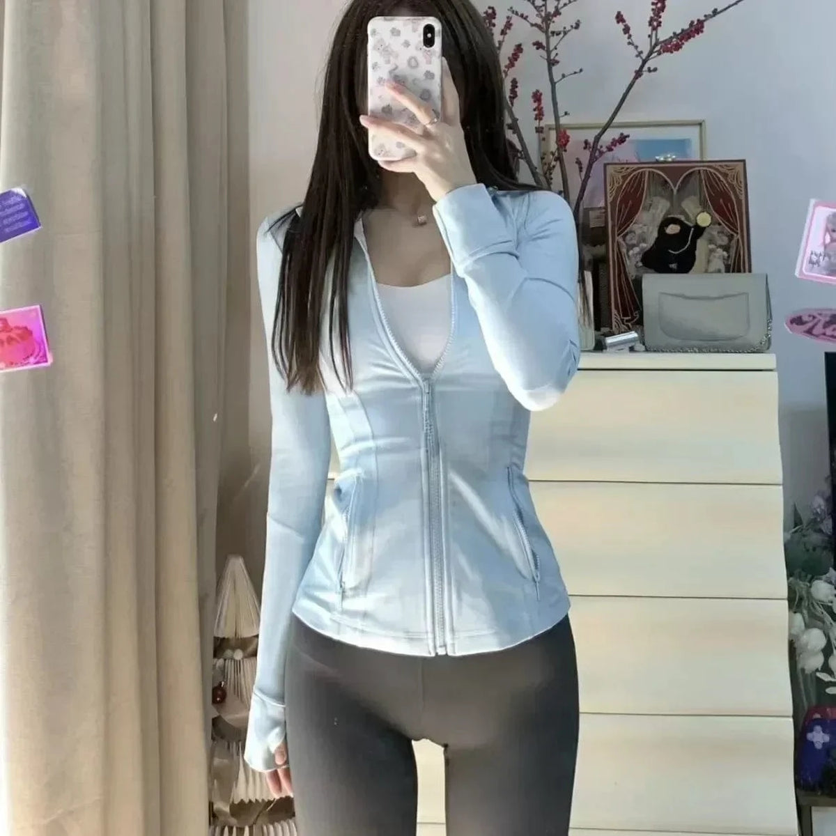 Powder blue / 6 2025 Women's Fitness Jacket Long Sleeve Zip Up High Elastic Yoga Running Top with Pockets for Gym Workout Athletic Wear