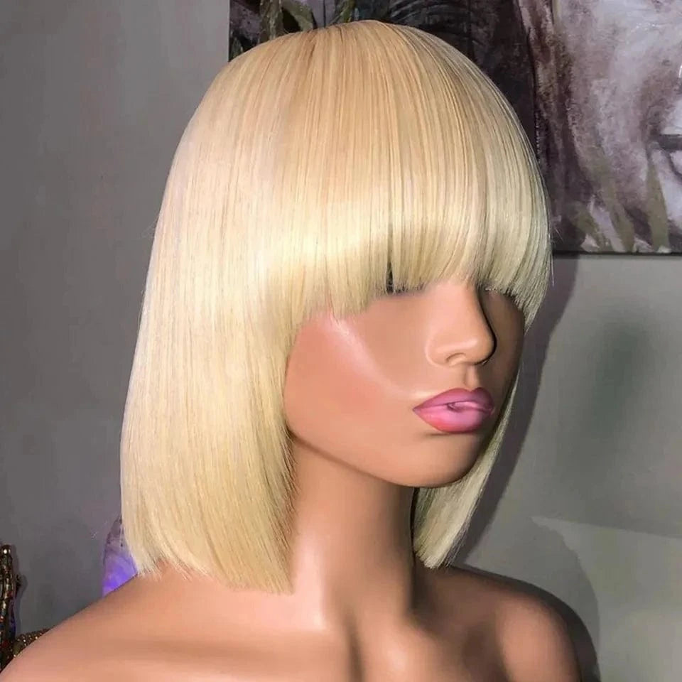 Pre-Plucked Hair Line Brazilian Human Hair 13*4 Lace Front Wig 613 Short Bob With Bang