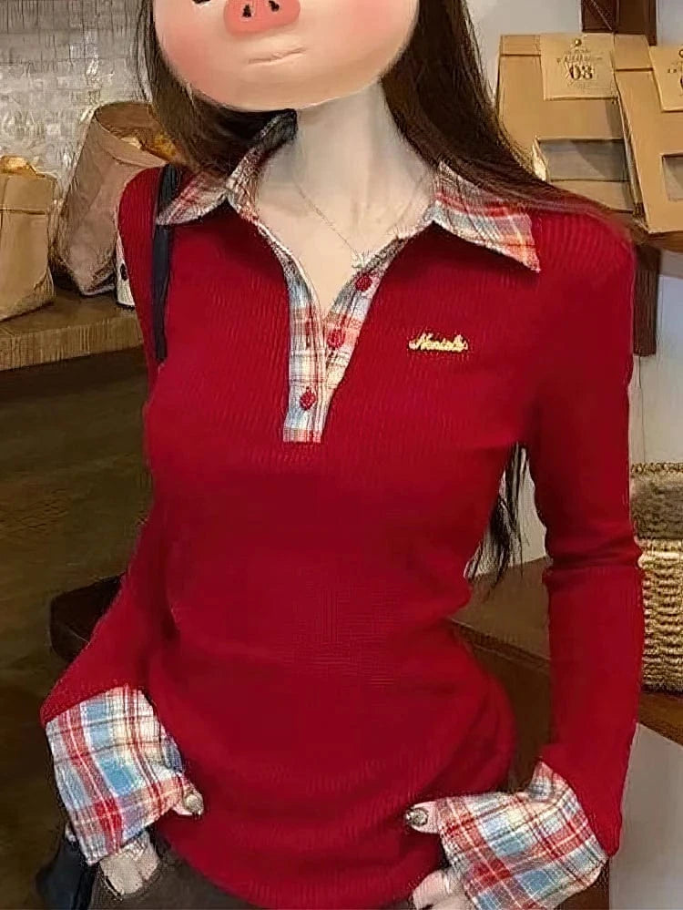 Preppy Polo Neck Knit Long sleeve T shirt Women False 2 Piece Korean Fashion Plaid Top V neck Basic Blouses Tees 2025 New