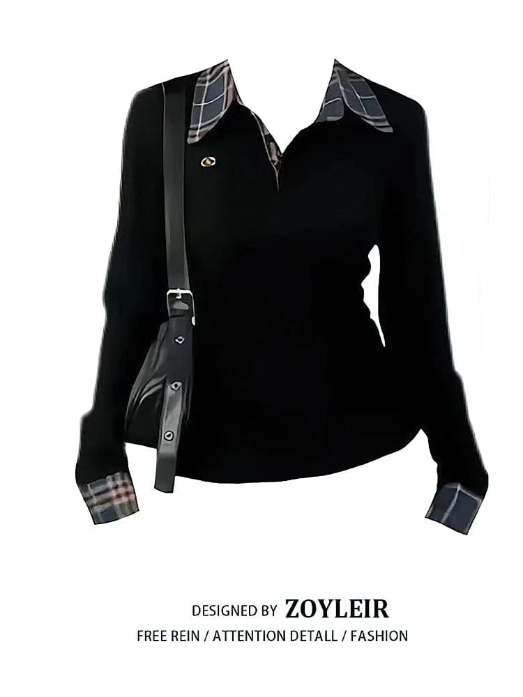 Preppy Polo Neck Knit Long sleeve T shirt Women False 2 Piece Korean Fashion Plaid Top V neck Basic Blouses Tees 2025 New