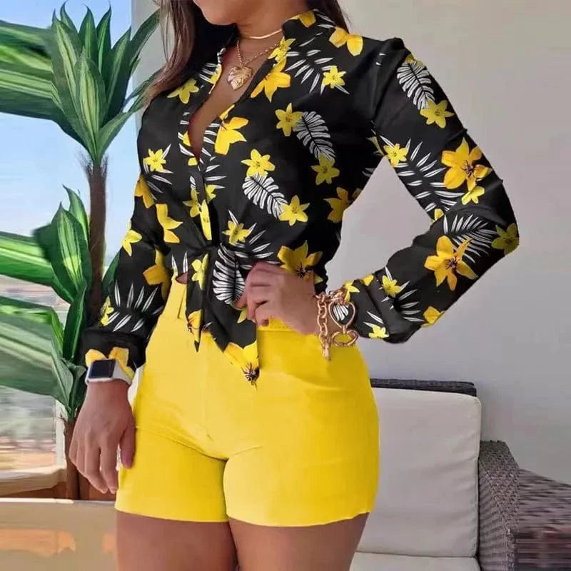 Print Long Sleeve Shirt Loose Shorts Sets for Women Two Piece Summer 2022 Outfits Sets Two Piece Blouse Shorts Set Women
