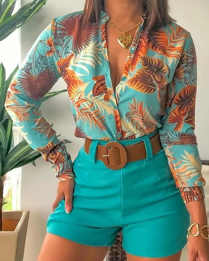 Print Long Sleeve Shirt Loose Shorts Sets for Women Two Piece Summer 2022 Outfits Sets Two Piece Blouse Shorts Set Women