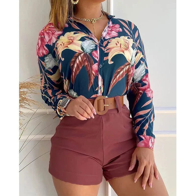 Print Long Sleeve Shirt Loose Shorts Sets for Women Two Piece Summer 2022 Outfits Sets Two Piece Blouse Shorts Set Women