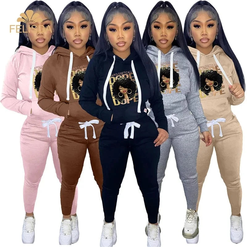 Print Pullover Hoodies Sweatsuits Women Two Piece Set Autumn Winter Fashion Casual Long Sleeve Hooded Sweatpants Tracksuits