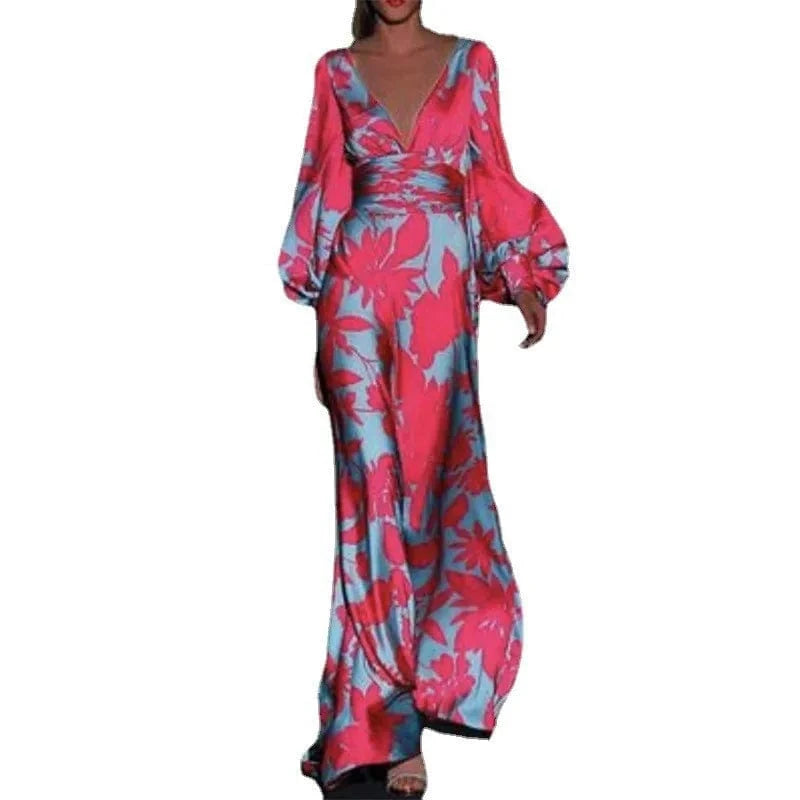Printed Dress For Women V-neck Sexy High Waist Lantern Sleeve Ladies Fashionable Vestidos Autumn New Long Evening Dresses