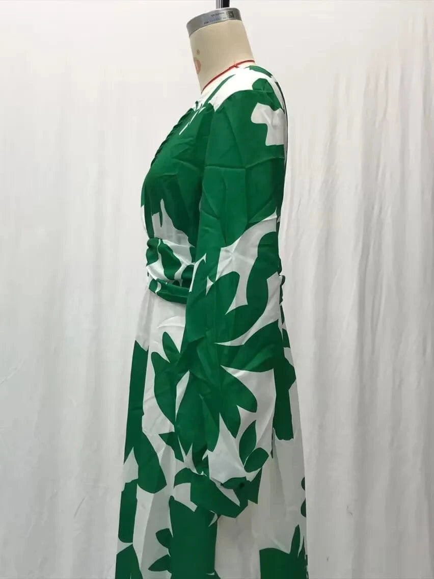 Printed Dress For Women V-neck Sexy High Waist Lantern Sleeve Ladies Fashionable Vestidos Autumn New Long Evening Dresses