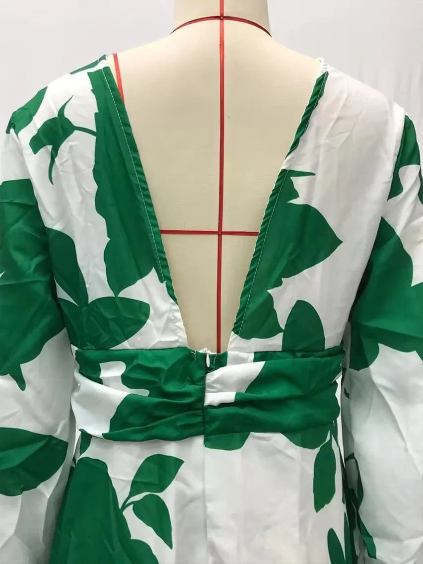 Printed Dress For Women V-neck Sexy High Waist Lantern Sleeve Ladies Fashionable Vestidos Autumn New Long Evening Dresses