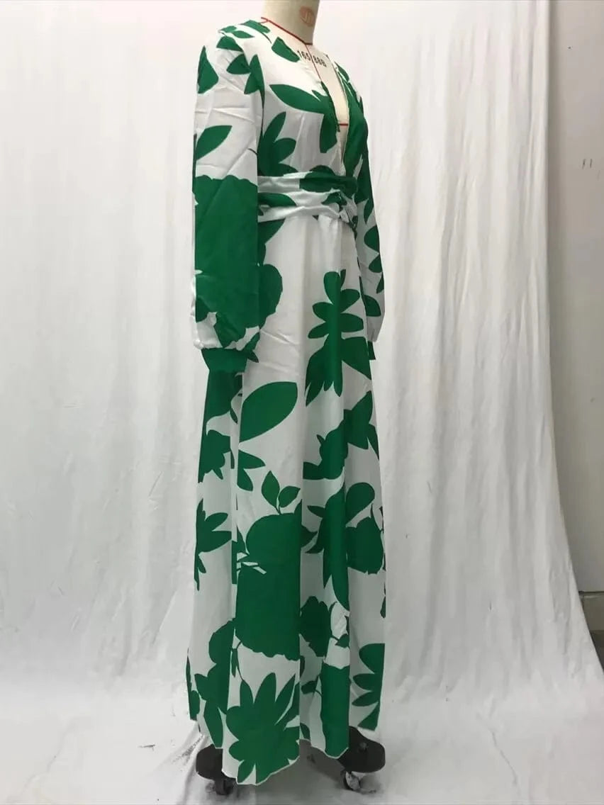 Printed Dress For Women V-neck Sexy High Waist Lantern Sleeve Ladies Fashionable Vestidos Autumn New Long Evening Dresses