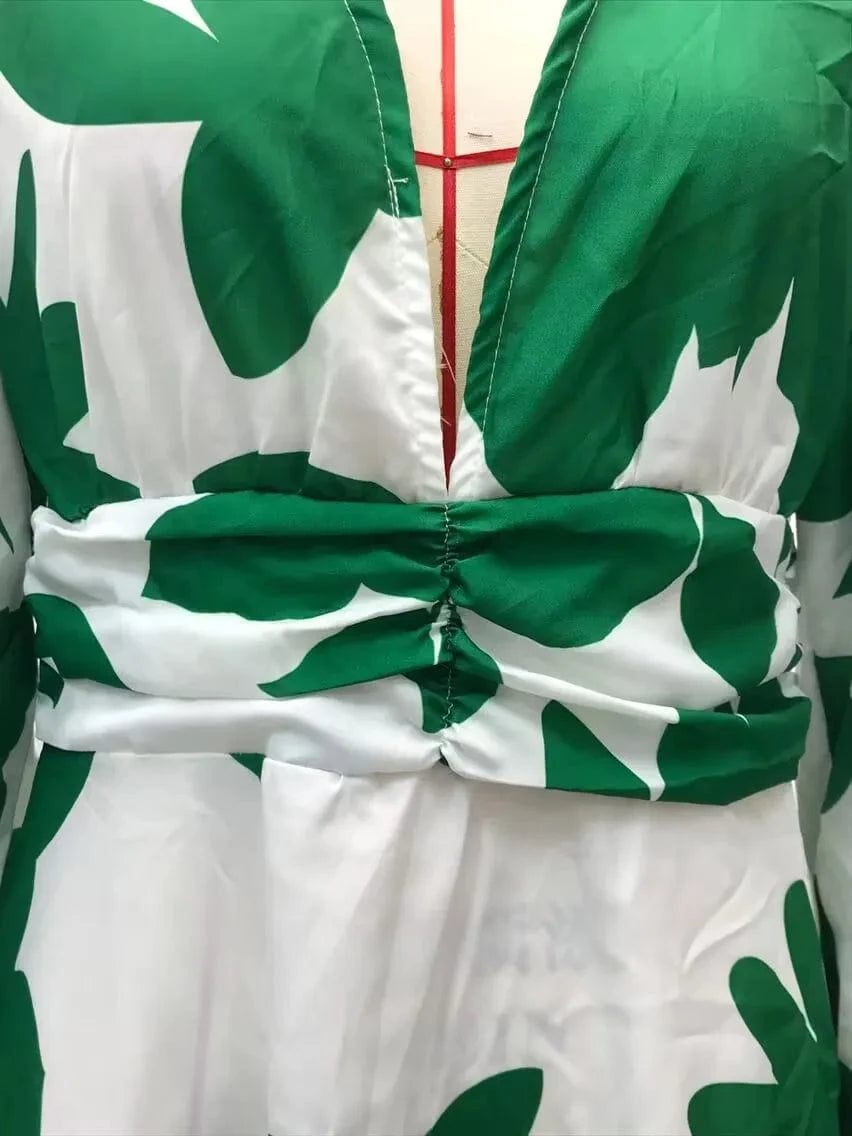 Printed Dress For Women V-neck Sexy High Waist Lantern Sleeve Ladies Fashionable Vestidos Autumn New Long Evening Dresses