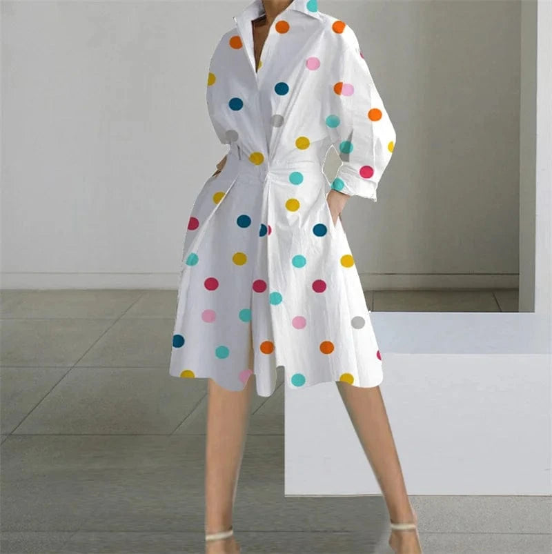 Printed Dresses Women Autumn V-neck Long Sleeved Shirts Fashions Office Lady Pockets Commute Dress 2023 New Robe Vestidos Femme