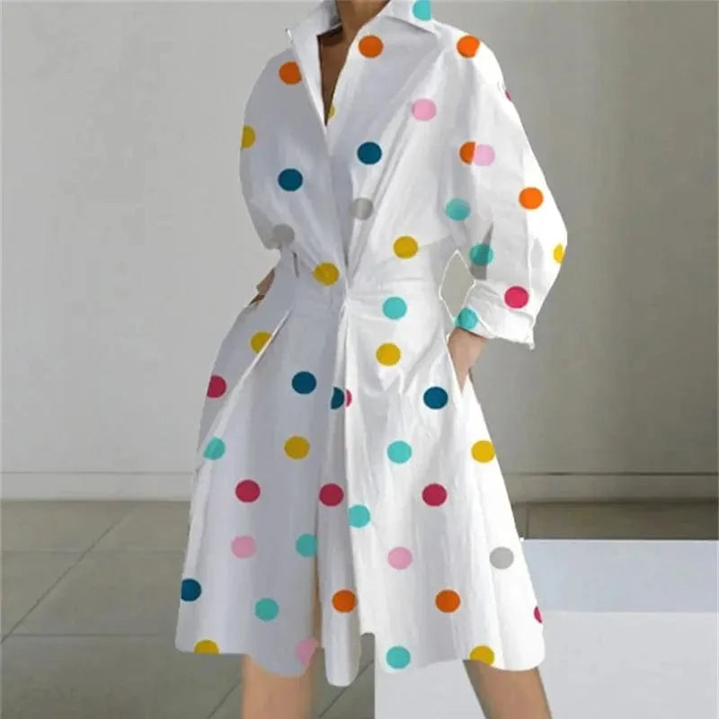 Printed Dresses Women Autumn V-neck Long Sleeved Shirts Fashions Office Lady Pockets Commute Dress 2023 New Robe Vestidos Femme