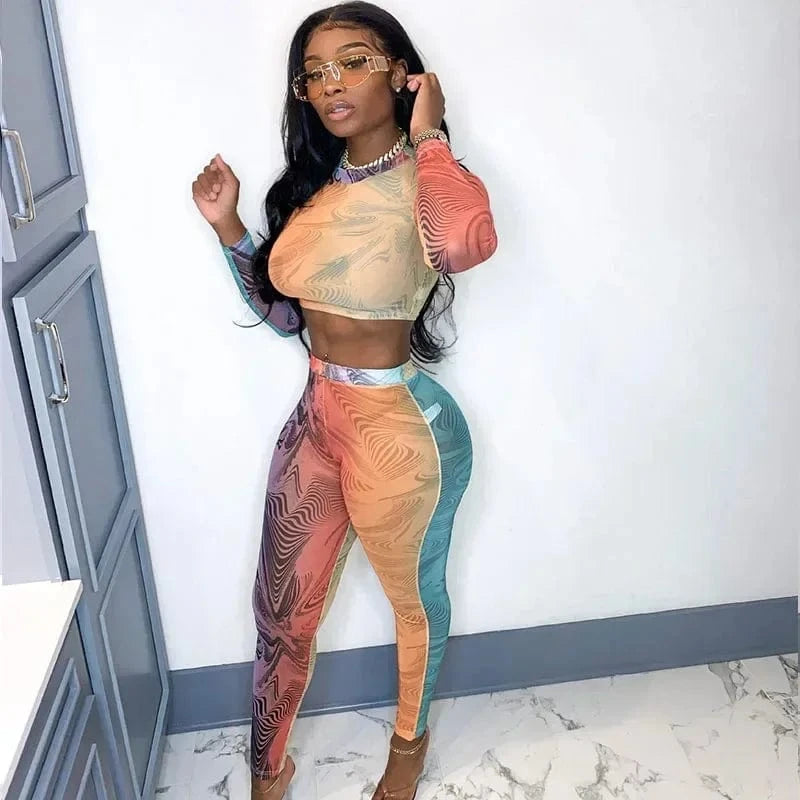 Printing 2 Piece Outfit Set Women Clothing Sportwear Fitness Skinny Long Sleeve Top and Pants Leggings Matching Sets Tracksuit