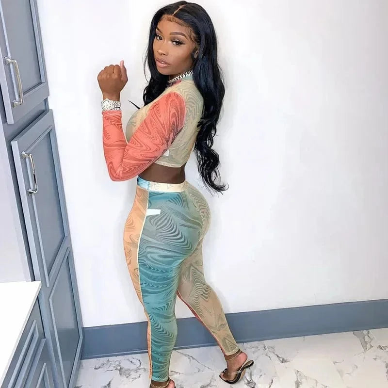 Printing 2 Piece Outfit Set Women Clothing Sportwear Fitness Skinny Long Sleeve Top and Pants Leggings Matching Sets Tracksuit