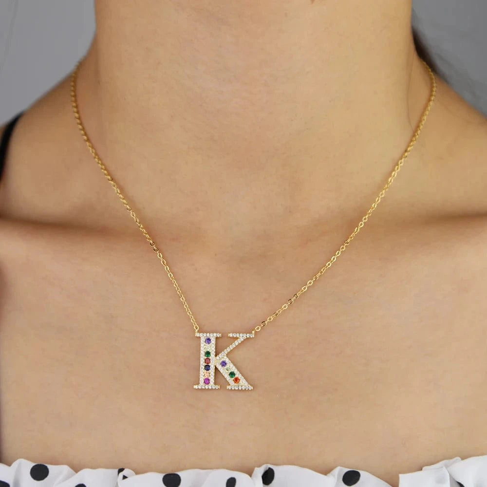 Promotion 2024 Factory Customize Personalized Name Jewelry Rainbow White CZ 26 Alphabet Letter Necklace