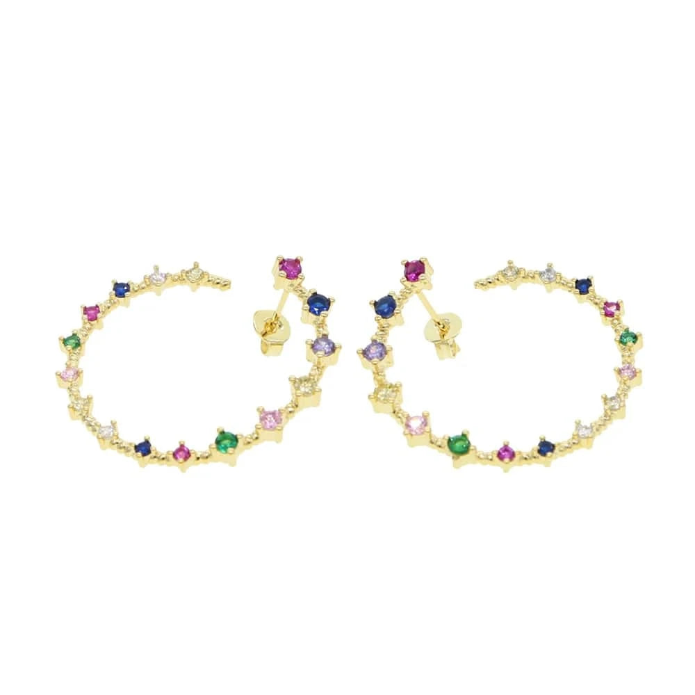 Promotion mulit color cubic zirconia cz paved circle hoop earrings geometric simple gorgeous women rainbow stud earring jewelry