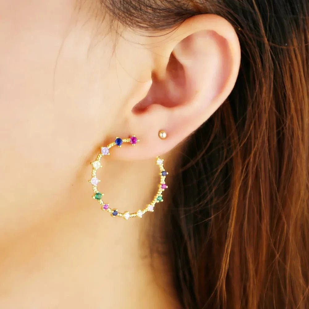 Promotion mulit color cubic zirconia cz paved circle hoop earrings geometric simple gorgeous women rainbow stud earring jewelry