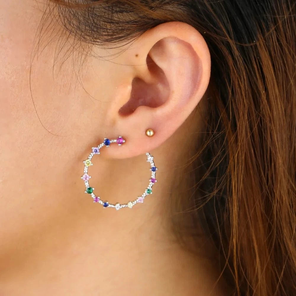 Promotion mulit color cubic zirconia cz paved circle hoop earrings geometric simple gorgeous women rainbow stud earring jewelry