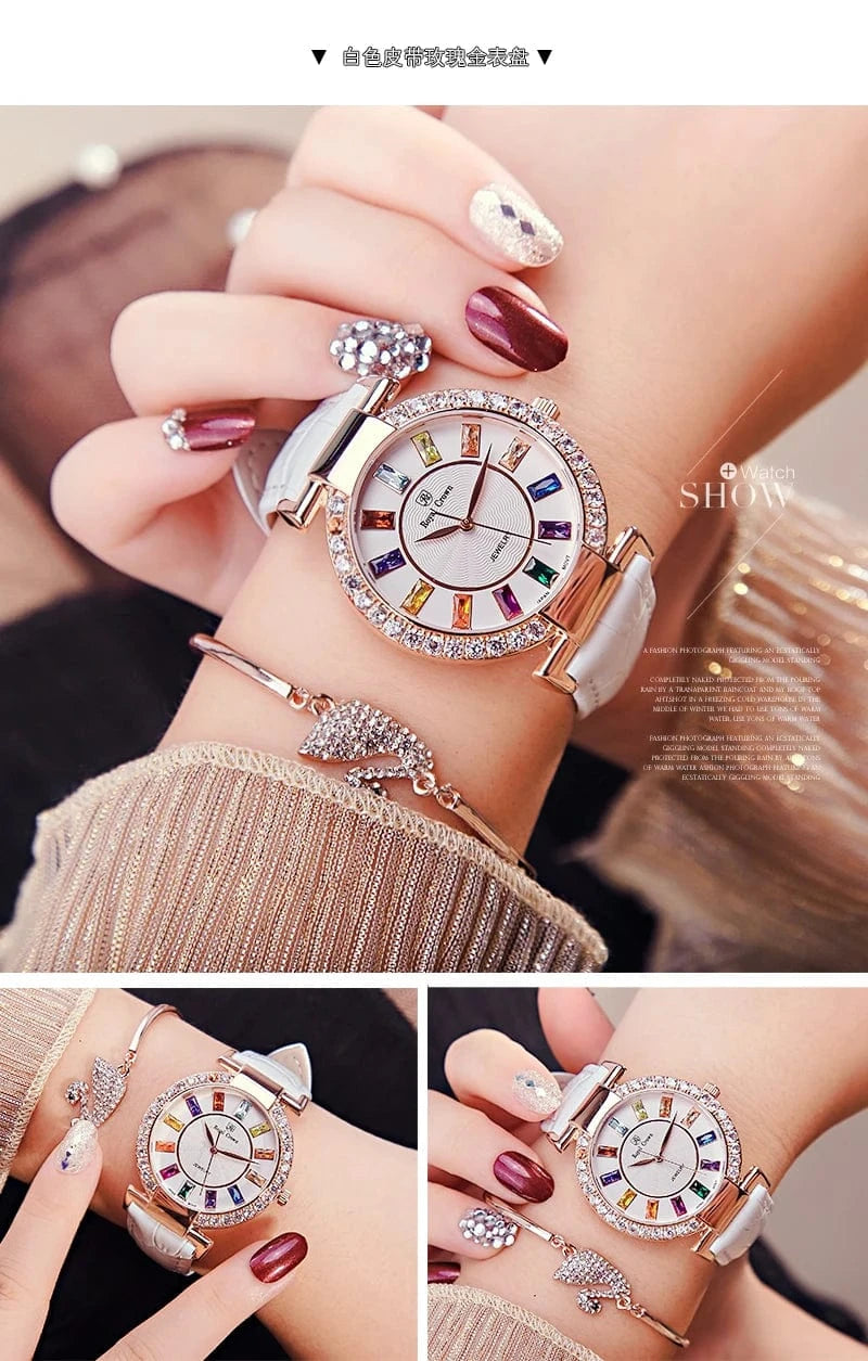 Prong Setting Luxury Clock Lady Women's Watch Fashion Hours Bracelet Colorful Rhinestone Girl Birthday Gift Royal Crown Box