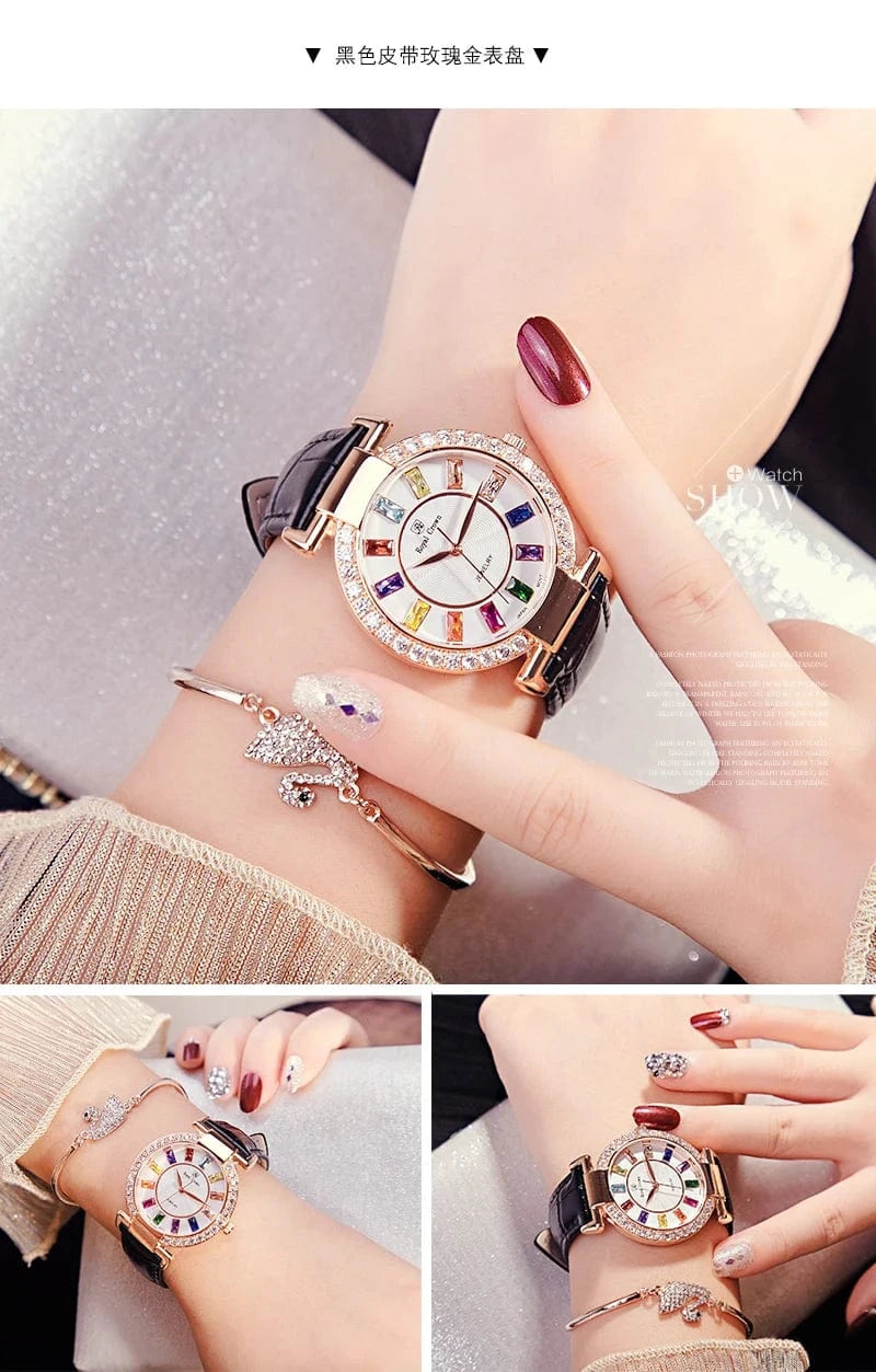 Prong Setting Luxury Clock Lady Women's Watch Fashion Hours Bracelet Colorful Rhinestone Girl Birthday Gift Royal Crown Box
