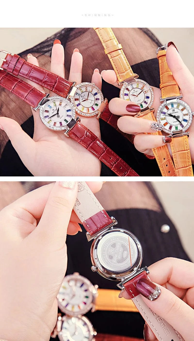 Prong Setting Luxury Clock Lady Women's Watch Fashion Hours Bracelet Colorful Rhinestone Girl Birthday Gift Royal Crown Box