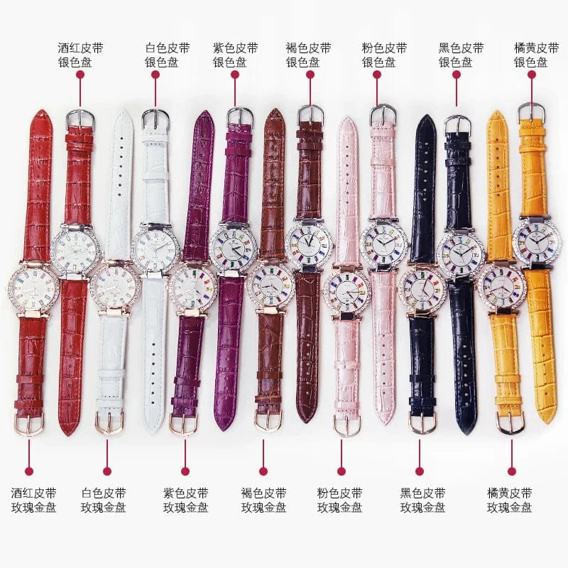 Prong Setting Luxury Clock Lady Women's Watch Fashion Hours Bracelet Colorful Rhinestone Girl Birthday Gift Royal Crown Box