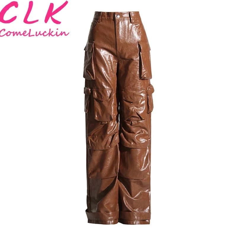 Pu Leather 2024 New Arrivals All-Match Multi Pocket Cargo Pants Fall Women's Clothing Fashion Loose Pu Leather Pants