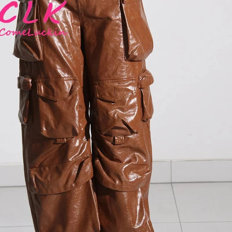 Pu Leather 2024 New Arrivals All-Match Multi Pocket Cargo Pants Fall Women's Clothing Fashion Loose Pu Leather Pants