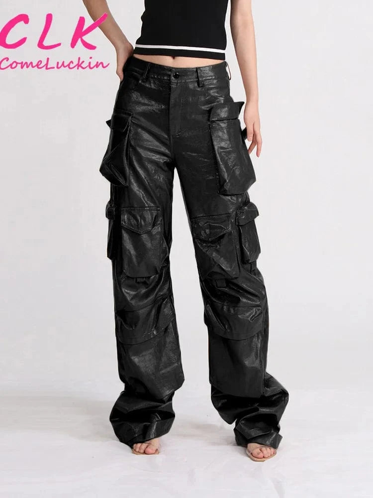 Pu Leather 2024 New Arrivals All-Match Multi Pocket Cargo Pants Fall Women's Clothing Fashion Loose Pu Leather Pants