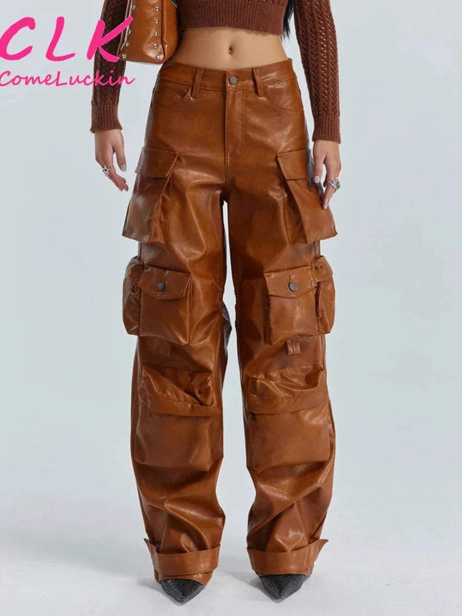 Pu Leather 2024 New Arrivals All-Match Multi Pocket Cargo Pants Fall Women's Clothing Fashion Loose Pu Leather Pants