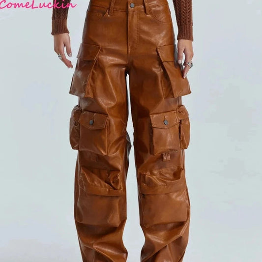Pu Leather 2024 New Arrivals All-Match Multi Pocket Cargo Pants Fall Women's Clothing Fashion Loose Pu Leather Pants