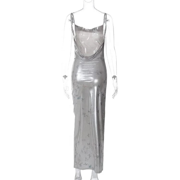 Pu Leather Butterfly Print Slips Backless Sexy Bodycon Maxi Prom Dress 2024 Spring Women