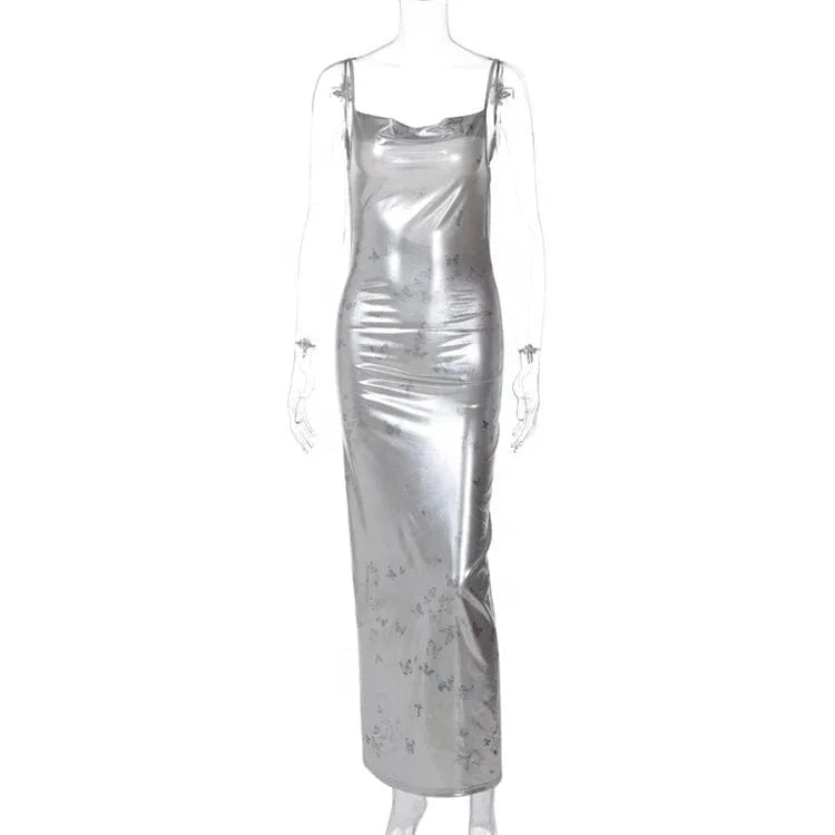 Pu Leather Butterfly Print Slips Backless Sexy Bodycon Maxi Prom Dress 2024 Spring Women