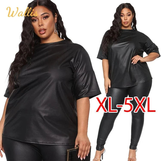 PU Two Piece Pants Sets 5xl Plus Size Women Clothing Streetwear Short Sleeve Black Tshirt Legging Pants 2 Piece Set Women