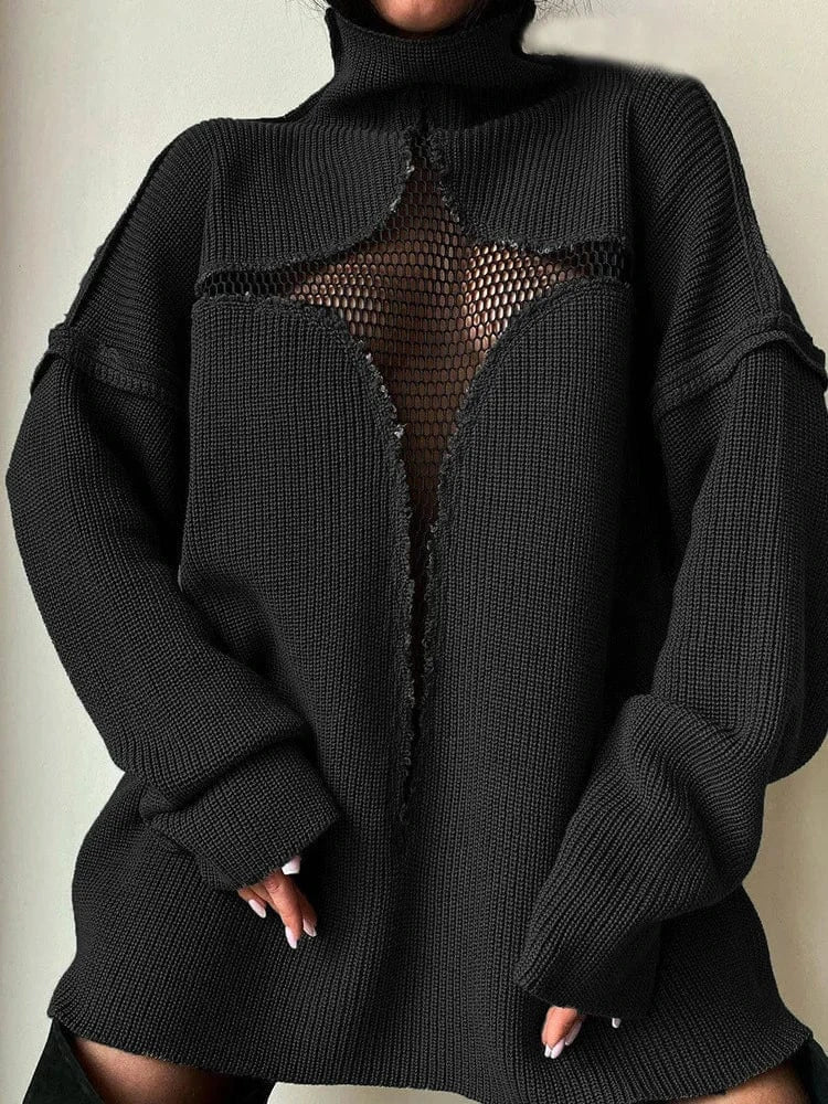 Puff Printing / M / Black 32182 Women Newest 2024 Fall Winter Fashion Streetwear Lady Casual Pullover Styles Mesh Hollow Out Knitted Sweater Women Tops