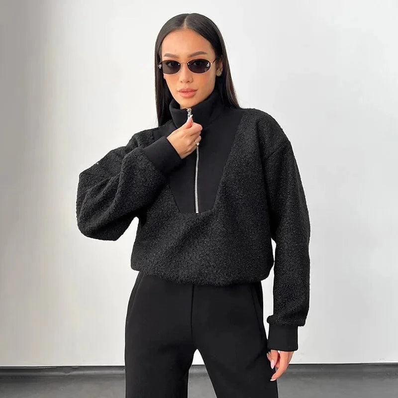 Puff Printing / M / Black ZHEZHE Winter 2024 New Patchwork Lambwool Stand Collar Long Sleeve Hoodie Top Loose Zipper Casual Top For Women Lady
