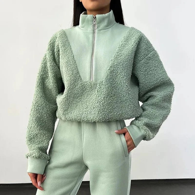 Puff Printing / S / Army Green ZHEZHE Winter 2024 New Patchwork Lambwool Stand Collar Long Sleeve Hoodie Top Loose Zipper Casual Top For Women Lady