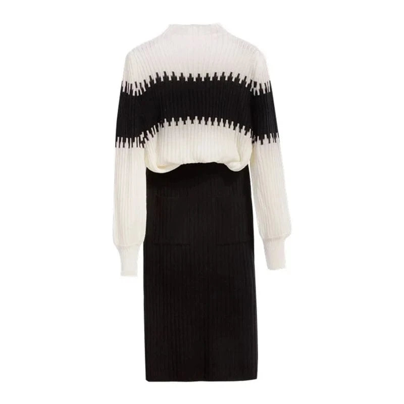 Pullover Colorblock Knit Sweater Slim Half Body Skirt Women's 2 Piece Set Sehe Fashion