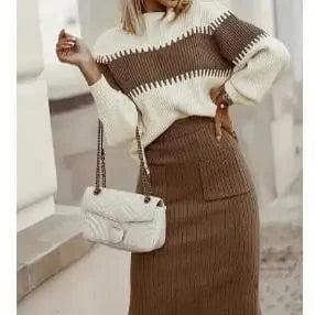 Pullover Colorblock Knit Sweater Slim Half Body Skirt Women's 2 Piece Set Sehe Fashion