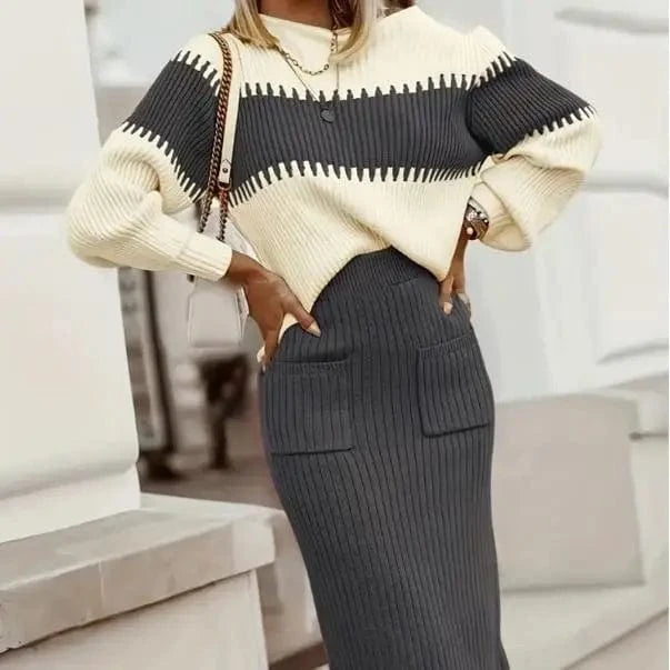 Pullover Colorblock Knit Sweater Slim Half Body Skirt Women's 2 Piece Set Sehe Fashion