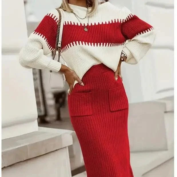 Pullover Colorblock Knit Sweater Slim Half Body Skirt Women's 2 Piece Set Sehe Fashion